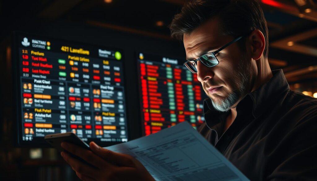 A high-contrast, cinematic image depicting the intricate strategies behind sportsbook parlay edge offers. In the foreground, a skilled bettor examines a betting slip, their face illuminated by the glow of a tablet displaying complex statistical models and odds calculations. In the middle ground, a sportsbook interface showcases a diverse range of parlay options, each with its own unique risk-reward profile. The background is a dimly lit, atmospheric casino setting, hinting at the thrilling, high-stakes nature of parlay betting. The lighting is dramatic, with deep shadows and highlights that accentuate the intensity of the scene. The camera angle is slightly elevated, giving a sense of the bettor's strategic vantage point as they navigate the complexities of the sportsbook's parlay offerings.