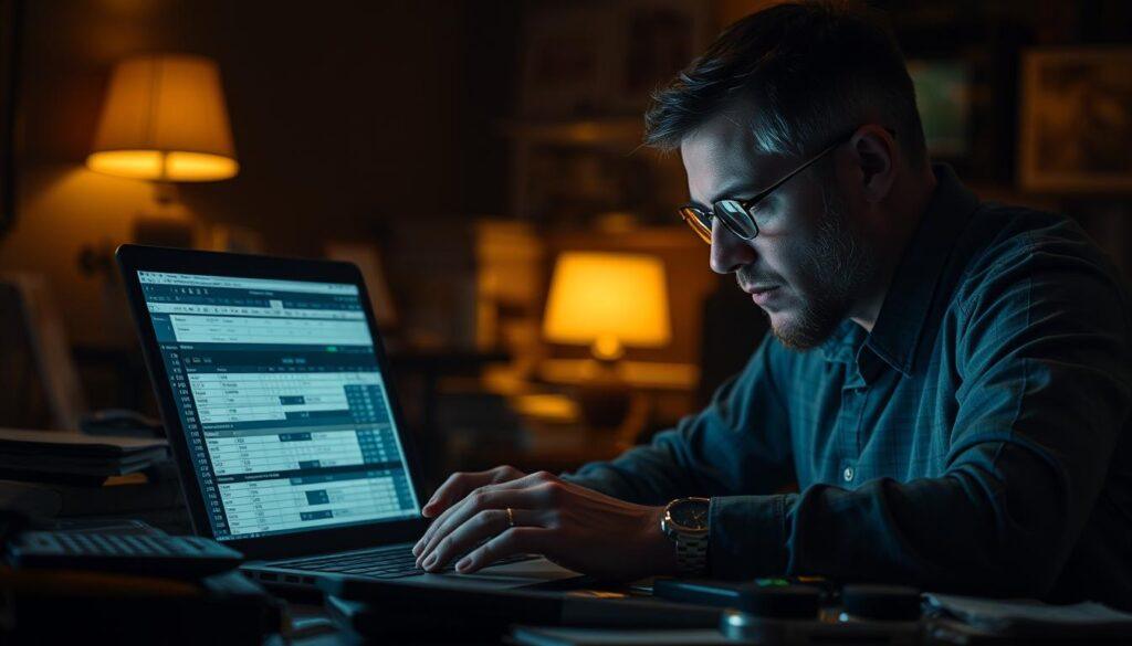 A high-contrast, cinematic image of a sports bettor carefully analyzing a spreadsheet of sports betting data on a laptop, illuminated by the glow of the screen in a dimly lit room. The bettor's face is in deep concentration, surrounded by betting slips, calculators, and other sports betting paraphernalia on a cluttered desk. The background is blurred, creating a sense of focus on the central figure and the task at hand, conveying the importance of bankroll management in successful sports betting.