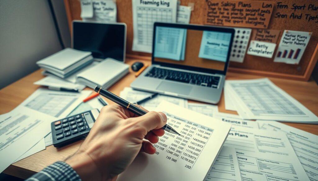 A neatly organized workstation with a laptop, calculator, and various financial documents spread out, bathed in warm, diffused lighting. In the foreground, a hand holds a pen, poised to make calculations on a notepad. The background features a cork bulletin board with handwritten notes and charts related to staking plans and betting strategies. The overall atmosphere conveys a sense of focused, methodical financial planning for long-term sports betting success. A neatly organized workstation with a laptop, calculator, and various financial documents spread out, bathed in warm, diffused lighting. In the foreground, a hand holds a pen, poised to make calculations on a notepad. The background features a cork bulletin board with handwritten notes and charts related to staking plans and betting strategies. The overall atmosphere conveys a sense of focused, methodical financial planning for long-term sports betting success.