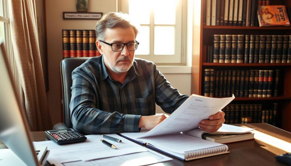 A responsible bettor sits calmly at a desk, studying sports statistics and odds meticulously. Sunlight filters through a window, casting a warm glow on the scene. On the desk, a calculator, pen, and notebook hint at a measured, disciplined approach. The bettor's expression is one of focus and restraint, rather than excitement or desperation. In the background, a bookshelf holds volumes on finance and risk management, underscoring the thoughtful, responsible nature of the activity. The overall atmosphere conveys a sense of control, responsibility, and prudence - the hallmarks of a smart, strategic sports bettor.