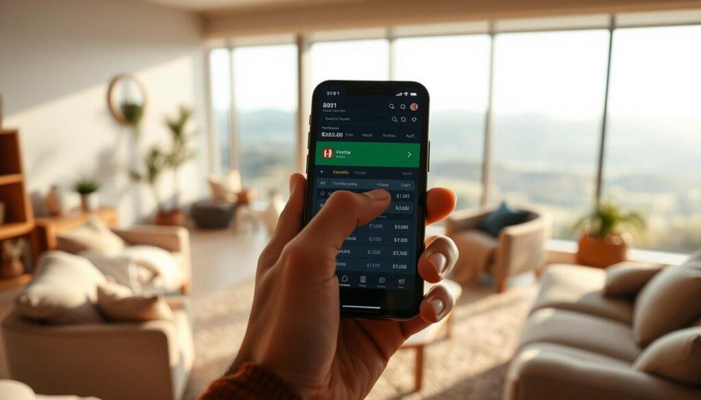 A serene and tranquil scene of a person responsibly placing a sports bet on a mobile device, surrounded by a warm, earthy color palette. The foreground depicts a hand holding the device, fingers gently tapping the screen. The middle ground showcases a cozy, well-lit living room with natural lighting, plush furniture, and minimal decor, conveying a sense of comfort and mindfulness. The background features a panoramic view of a picturesque landscape, hinting at the importance of maintaining a balanced lifestyle beyond the confines of betting. The overall mood is one of thoughtfulness, restraint, and a responsible approach to sports wagering.