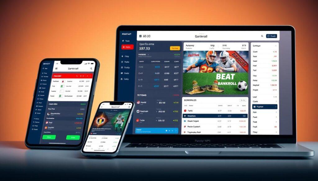 A sleek, modern sports betting app UI displayed on multiple devices, including a smartphone, tablet, and laptop. The interface features clean lines, bold typography, and intuitive navigation, allowing users to easily track their bets and monitor their bankroll. The devices are arranged in a dynamic, slightly angled composition, with a soft, warm lighting creating a sense of sophistication and professionalism. The background is a subtle gradient, complementing the app's branding and color scheme. The overall scene conveys the efficiency and functionality of the software tools available for sports bettors to manage their bankroll and achieve long-term success. A sleek, modern sports betting app UI displayed on multiple devices, including a smartphone, tablet, and laptop. The interface features clean lines, bold typography, and intuitive navigation, allowing users to easily track their bets and monitor their bankroll. The devices are arranged in a dynamic, slightly angled composition, with a soft, warm lighting creating a sense of sophistication and professionalism. The background is a subtle gradient, complementing the app's branding and color scheme. The overall scene conveys the efficiency and functionality of the software tools available for sports bettors to manage their bankroll and achieve long-term success.