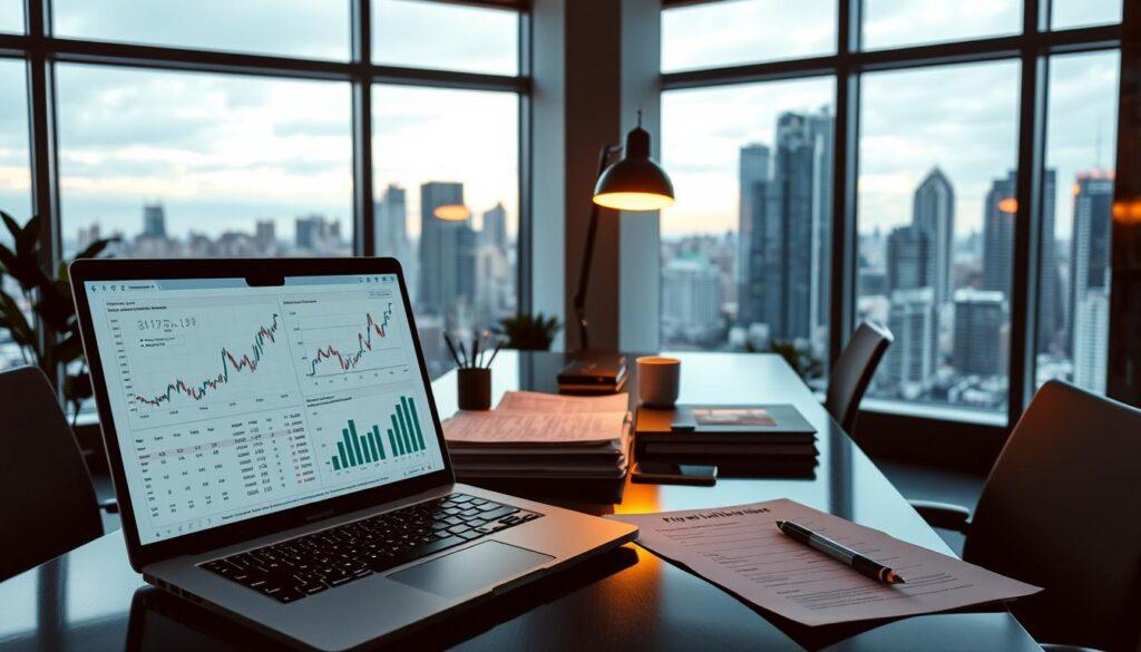 A sleek, modern office setting with a focus on data analysis and model validation. In the foreground, a laptop displays intricate statistical charts and graphs, hinting at the complex analytics behind sports betting predictions. The middle ground features a desk with an array of carefully organized papers, pens, and a stylish desk lamp casting a warm glow. In the background, large windows offer a scenic view of a bustling city skyline, suggesting the importance of real-world market data. The overall atmosphere conveys a sense of professionalism, attention to detail, and the rigorous process of validating machine learning models for sports betting strategies.