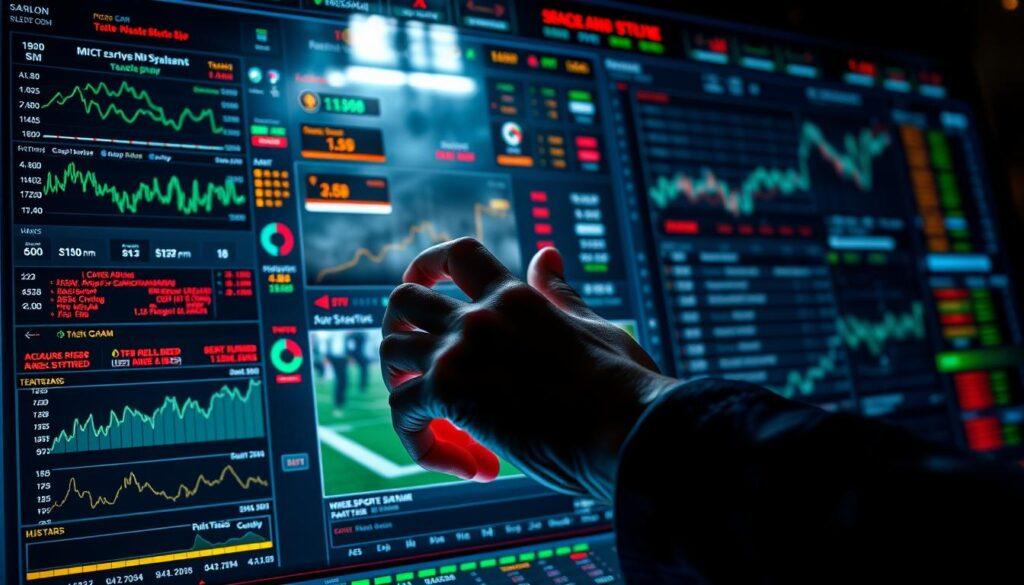 A crowded sports betting platform interface, with real-time graphs, analytics, and data streams. In the foreground, a trader's hand hovers over a touchscreen, hesitating as they ponder the next move. The middle ground features a tangle of algorithms, flashing alerts, and indicators that seem to offer contradictory signals. In the background, a hazy, distorted view of the live game action, suggesting the disconnect between the predictive models and the unpredictable nature of the real-world event. Dramatic lighting casts shadows and highlights the tension, while a shallow depth of field isolates the key elements. An unsettling atmosphere of uncertainty and the potential for costly misjudgments pervades the scene.