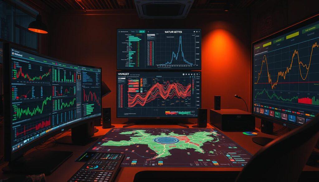 A data-driven sports bettor's workspace, bathed in warm, focused lighting. In the foreground, an ensemble of statistical models - decision trees, neural networks, and regression analyses - displayed on sleek computer screens. The middle ground features a detailed map of upcoming sporting events, with complex algorithms crunching data streams. In the background, a large, high-resolution graph visualizes historical betting outcomes, trends, and strategies. The overall atmosphere conveys a sense of analytical rigor, calculated risk, and the pursuit of optimal sports betting predictions.