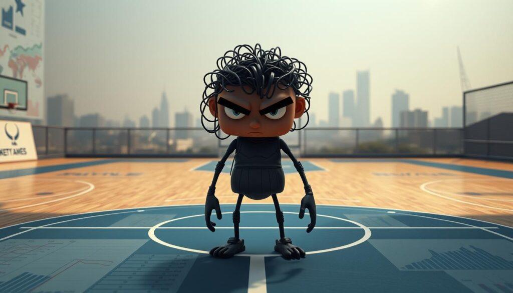 A data-driven sports model with a complex neural network architecture stands on a basketball court, surrounded by a grid of statistical charts and graphs. The model's eyes are narrowed in contemplation, its pose conveying a sense of balance and tension between high accuracy and overfitting. The court's lighting casts dramatic shadows, highlighting the model's internal struggle to find the optimal bias-variance tradeoff. In the background, a hazy cityscape blurs, representing the real-world challenges of applying the model to unpredictable game scenarios. The overall mood is one of thoughtful introspection, inviting the viewer to consider the delicate balance required for effective sports prediction.