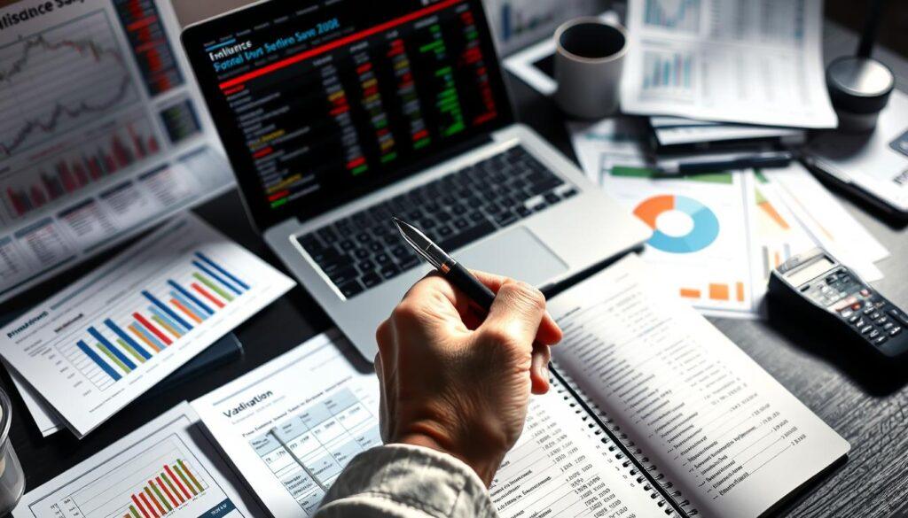 A data-filled desktop scene with a laptop displaying sports betting statistics, surrounded by financial charts, spreadsheets, and analytical tools. In the foreground, a hand holds a pen, poised over a notebook filled with calculations and notes. The lighting is soft and directional, casting subtle shadows that lend depth and dimension to the scene. The overall atmosphere is one of focused, meticulous research and validation, reflecting the careful, data-driven approach to sports betting backtesting. A data-filled desktop scene with a laptop displaying sports betting statistics, surrounded by financial charts, spreadsheets, and analytical tools. In the foreground, a hand holds a pen, poised over a notebook filled with calculations and notes. The lighting is soft and directional, casting subtle shadows that lend depth and dimension to the scene. The overall atmosphere is one of focused, meticulous research and validation, reflecting the careful, data-driven approach to sports betting backtesting.
