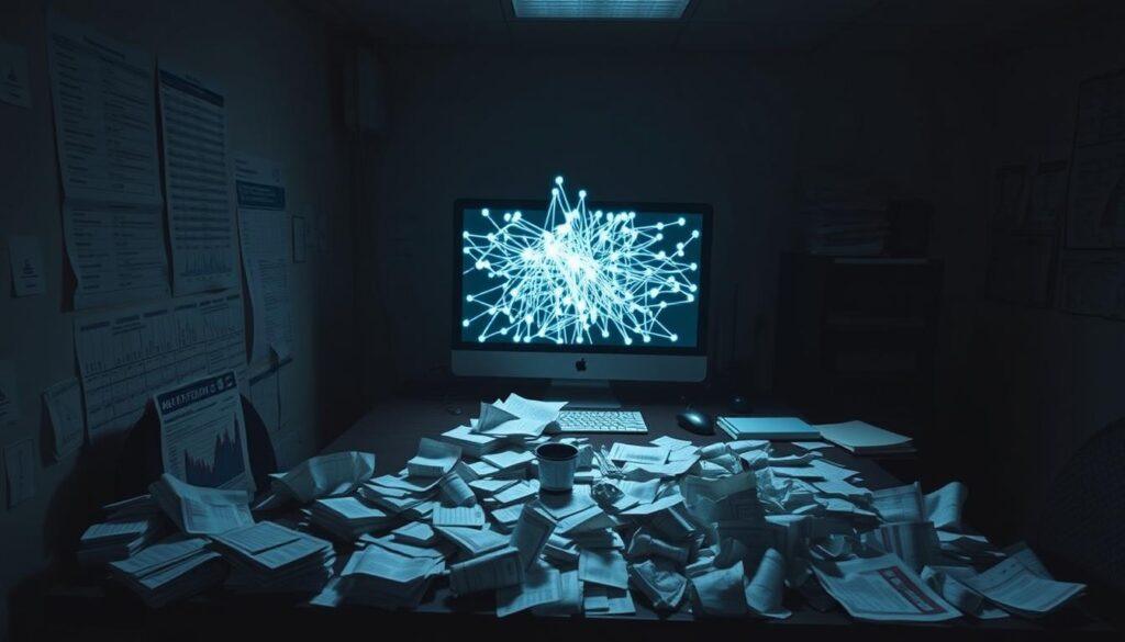 A deserted sports betting office, dimly lit, with scattered betting slips and crumpled charts strewn across a cluttered desk. On the computer screen, a neural network visualization flickers ominously, its tangled nodes and connections symbolizing the failure of complex models to accurately predict game outcomes. The room is shrouded in an atmosphere of disappointment and disillusionment, a cautionary tale of the limitations of technology in the unpredictable world of sports betting.