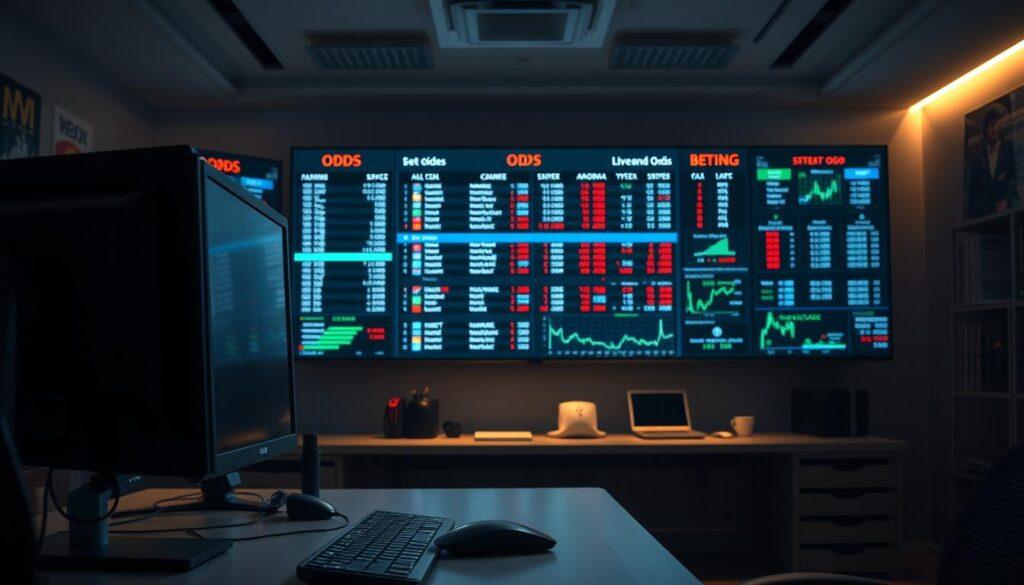 A dimly lit office interior, with multiple high-resolution displays showcasing live odds data feeds from various online betting platforms. The desk in the foreground features a computer monitor, keyboard, and mouse, creating an atmosphere of professional analysis and decision-making. The middle ground features a large, wall-mounted display showing real-time odds and betting lines, with data visualizations and charts comparing the feeds. Soft, directional lighting casts a warm glow, creating a sense of focus and intensity. The background is slightly blurred, hinting at the broader context of the betting industry, with subtle details such as sports memorabilia or financial charts visible. A dimly lit office interior, with multiple high-resolution displays showcasing live odds data feeds from various online betting platforms. The desk in the foreground features a computer monitor, keyboard, and mouse, creating an atmosphere of professional analysis and decision-making. The middle ground features a large, wall-mounted display showing real-time odds and betting lines, with data visualizations and charts comparing the feeds. Soft, directional lighting casts a warm glow, creating a sense of focus and intensity. The background is slightly blurred, hinting at the broader context of the betting industry, with subtle details such as sports memorabilia or financial charts visible.