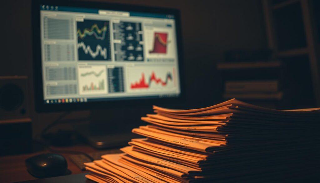 A dimly lit office, the faint glow of a computer screen casting shadows across a desk. On the screen, a series of complex charts and graphs, representing the limitations of sports betting models. In the foreground, a stack of case study reports, their pages crumpled and dog-eared, a testament to the challenges faced in this field. The atmosphere is one of contemplation, a sense of the frustration and perseverance required to unravel the intricacies of overfit models. The lighting is warm, almost amber, creating a sense of depth and texture, drawing the viewer's eye to the details of the scene. The camera angle is slightly elevated, giving a sense of the researcher's perspective, as they pore over the data, seeking to understand the hidden traps that lie within.