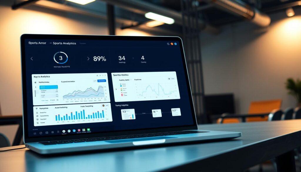A modern, minimalist sports analytics dashboard displayed on a sleek laptop screen. In the foreground, visualizations and charts depict key performance metrics, seamlessly integrated within a clean user interface. The middle ground showcases a workflow automation process, with automated data cleaning and preprocessing tasks flowing between nodes on a graphical programming canvas. The background features a dimly lit, industrial-style office setting, casting a warm glow and highlighting the technological focus of the scene. Subtle lighting accentuates the display, creating a sense of professionalism and efficiency. The overall mood conveys the power of data-driven decision-making in the world of sports analytics. A modern, minimalist sports analytics dashboard displayed on a sleek laptop screen. In the foreground, visualizations and charts depict key performance metrics, seamlessly integrated within a clean user interface. The middle ground showcases a workflow automation process, with automated data cleaning and preprocessing tasks flowing between nodes on a graphical programming canvas. The background features a dimly lit, industrial-style office setting, casting a warm glow and highlighting the technological focus of the scene. Subtle lighting accentuates the display, creating a sense of professionalism and efficiency. The overall mood conveys the power of data-driven decision-making in the world of sports analytics.