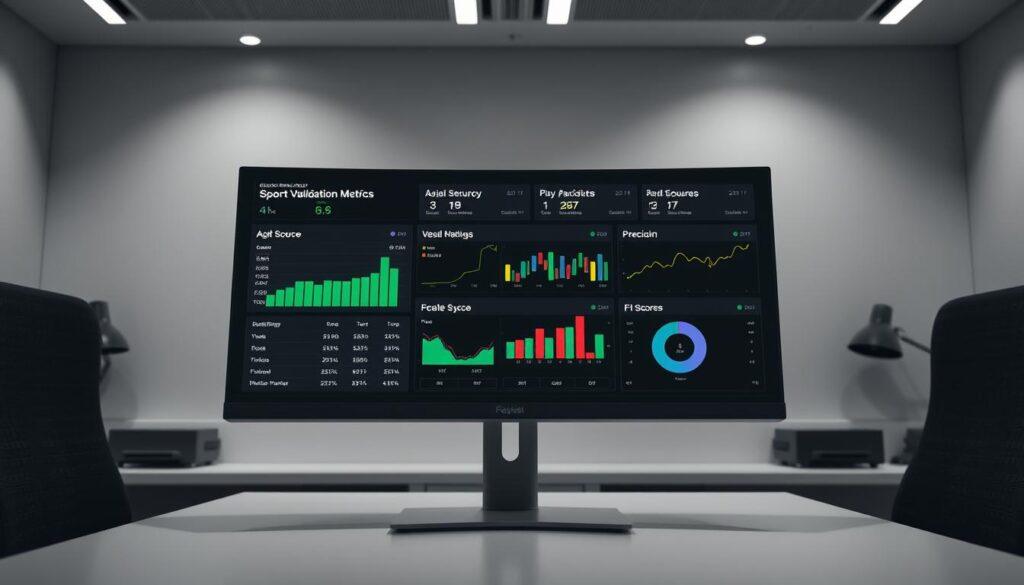 A sleek sports betting dashboard with bold data visualizations displayed on a high-resolution monitor. The screen shows a range of key model validation metrics, including accuracy, precision, recall, and F1 score, presented in clean, color-coded graphs and charts. The display is set against a minimalist, monochrome office environment with subtle lighting, creating a professional, data-driven atmosphere. The overall composition emphasizes the importance of rigorous model evaluation in the context of sports betting, inviting the viewer to explore the insights that can be gleaned from these crucial performance metrics. A sleek sports betting dashboard with bold data visualizations displayed on a high-resolution monitor. The screen shows a range of key model validation metrics, including accuracy, precision, recall, and F1 score, presented in clean, color-coded graphs and charts. The display is set against a minimalist, monochrome office environment with subtle lighting, creating a professional, data-driven atmosphere. The overall composition emphasizes the importance of rigorous model evaluation in the context of sports betting, inviting the viewer to explore the insights that can be gleaned from these crucial performance metrics.