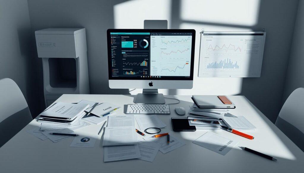 A sterile, clinical workspace with a sleek, modern desk and computer setup. Scattered across the desk are various data analysis tools, reports, and graphs, hinting at the complex sports analytics workflow. The screen displays error messages, charts with anomalies, and confusing data visualizations. The lighting is harsh, casting dramatic shadows that create a sense of frustration and confusion. The overall atmosphere conveys the challenges of working with messy, error-prone sports data, emphasizing the importance of data cleaning for accurate predictive models. A sterile, clinical workspace with a sleek, modern desk and computer setup. Scattered across the desk are various data analysis tools, reports, and graphs, hinting at the complex sports analytics workflow. The screen displays error messages, charts with anomalies, and confusing data visualizations. The lighting is harsh, casting dramatic shadows that create a sense of frustration and confusion. The overall atmosphere conveys the challenges of working with messy, error-prone sports data, emphasizing the importance of data cleaning for accurate predictive models.