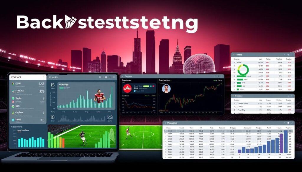 A stylized data visualization depicting a backtesting process for sports betting strategies. In the foreground, a sleek dashboard showcases various performance metrics, charts, and statistical models. In the middle ground, a 3D rendered sports field or arena serves as the backdrop, with player avatars and game data overlays. The background features a minimalist, high-contrast cityscape, casting a moody, neon-tinged ambiance. The overall aesthetic blends the precision of financial analytics with the dynamic energy of professional sports, creating a striking, futuristic interpretation of predictive sports betting. A stylized data visualization depicting a backtesting process for sports betting strategies. In the foreground, a sleek dashboard showcases various performance metrics, charts, and statistical models. In the middle ground, a 3D rendered sports field or arena serves as the backdrop, with player avatars and game data overlays. The background features a minimalist, high-contrast cityscape, casting a moody, neon-tinged ambiance. The overall aesthetic blends the precision of financial analytics with the dynamic energy of professional sports, creating a striking, futuristic interpretation of predictive sports betting.