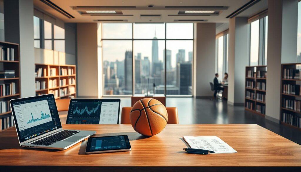A well-lit, expansive office interior with a sleek, modern aesthetic. In the foreground, a wooden desk with a laptop, tablet, and various sports betting analytics visualizations displayed on the screens. Atop the desk, a basketball, a pen, and a notepad with handwritten calculations. In the middle ground, bookshelves line the walls, filled with reference materials on sports statistics and predictive modeling. The background features large windows overlooking a bustling city skyline, casting a warm, natural light across the scene. The overall mood is one of focused, analytical contemplation, hinting at the rigorous validation techniques used to build confidence in sports betting predictions.
