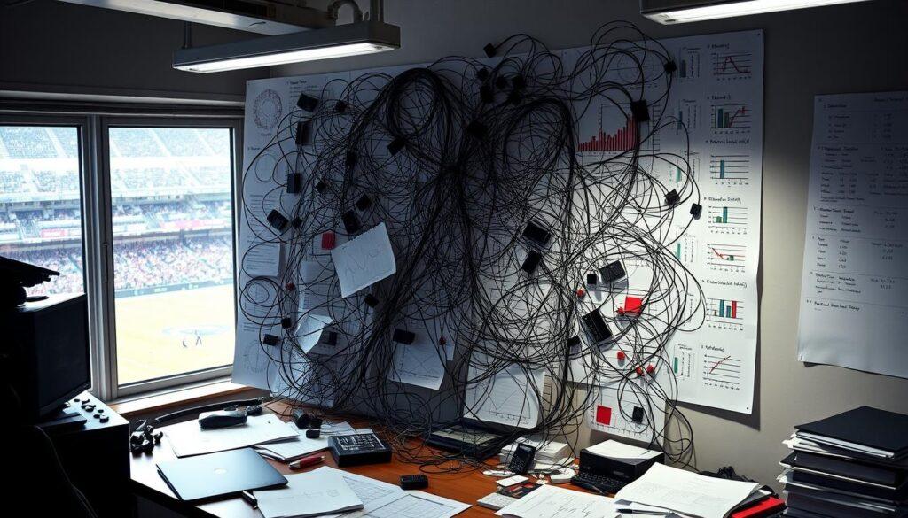 An overfit sports betting model, a tangled web of complex equations and data points, sprawls across a cluttered desk. Intricate charts and graphs strain to capture the nuances of player performance, yet their chaotic arrangement betrays the model's inability to generalize. Harsh fluorescent lighting casts deep shadows, highlighting the disconnect between the model's apparent sophistication and its failure to reliably predict outcomes. In the background, a window offers a glimpse of the vibrant, unpredictable game unfolding outside, a stark contrast to the model's myopic focus. The scene conveys the danger of over-optimization, a cautionary tale of the perils of neglecting the fundamentals of sports betting in pursuit of mathematical precision. An overfit sports betting model, a tangled web of complex equations and data points, sprawls across a cluttered desk. Intricate charts and graphs strain to capture the nuances of player performance, yet their chaotic arrangement betrays the model's inability to generalize. Harsh fluorescent lighting casts deep shadows, highlighting the disconnect between the model's apparent sophistication and its failure to reliably predict outcomes. In the background, a window offers a glimpse of the vibrant, unpredictable game unfolding outside, a stark contrast to the model's myopic focus. The scene conveys the danger of over-optimization, a cautionary tale of the perils of neglecting the fundamentals of sports betting in pursuit of mathematical precision.