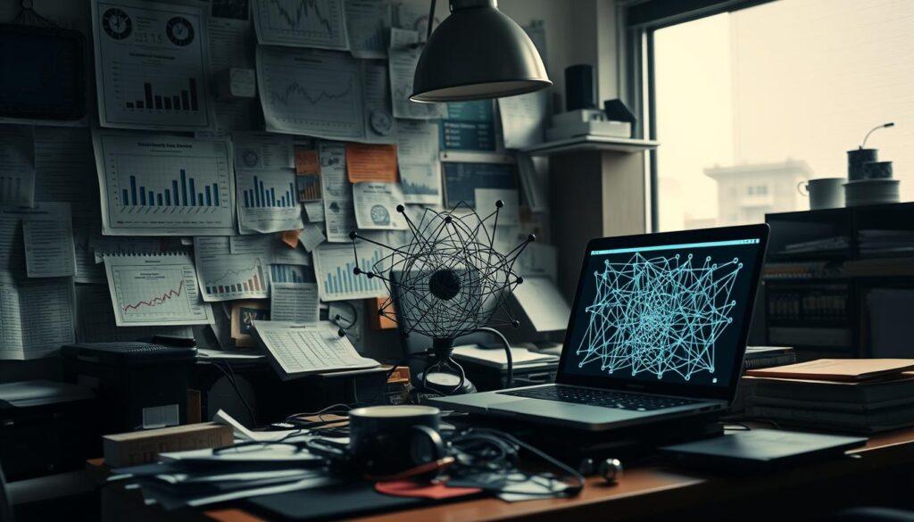 A cluttered desk overflows with charts, graphs, and complex sports betting models. Overhead, a single harsh light casts dramatic shadows, creating a sense of intense focus and obsession. In the foreground, a laptop screen displays a tangled web of algorithms, seemingly spiraling out of control. The background is blurred, hinting at the wider world beyond this insular, data-driven domain. The scene conveys the common trap of overfitting - the pursuit of ever-more complex models that excel on training data but fail to generalize, a cautionary tale of misplaced priorities and the dangers of losing sight of the bigger picture.