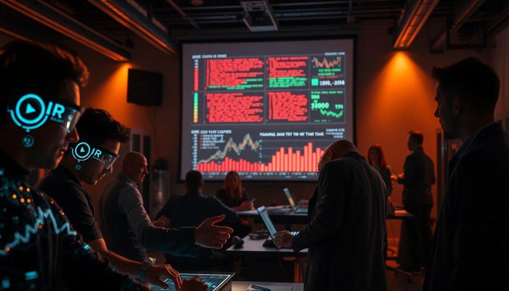 A futuristic scene of machine learning algorithms and sports betting data seamlessly converging in a collaborative workspace. In the foreground, a team of data scientists pores over intricate statistical models on holographic displays, their faces illuminated by the soft glow of the technology. In the middle ground, a large projection screen displays real-time sports analytics, with lines of code and neural network diagrams dancing across the surface. The background is filled with the hum of servers and the muted chatter of analysts, creating an atmosphere of focused innovation. Warm, directional lighting casts dramatic shadows, evoking a sense of depth and purpose. The entire scene conveys the power of technology-driven sports betting, where data and human expertise unite to push the boundaries of predictive analysis. A futuristic scene of machine learning algorithms and sports betting data seamlessly converging in a collaborative workspace. In the foreground, a team of data scientists pores over intricate statistical models on holographic displays, their faces illuminated by the soft glow of the technology. In the middle ground, a large projection screen displays real-time sports analytics, with lines of code and neural network diagrams dancing across the surface. The background is filled with the hum of servers and the muted chatter of analysts, creating an atmosphere of focused innovation. Warm, directional lighting casts dramatic shadows, evoking a sense of depth and purpose. The entire scene conveys the power of technology-driven sports betting, where data and human expertise unite to push the boundaries of predictive analysis.