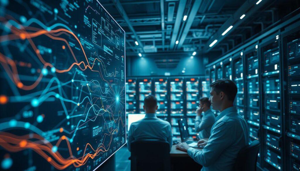 A sleek, futuristic scene depicting the interplay of neural networks and sports betting. In the foreground, a holographic display showcases intricate data visualizations, lines and curves pulsing with real-time betting information. The middle ground features a team of analysts, their faces illuminated by the glow of multiple screens, deep in contemplation as they interpret the patterns. In the background, a vast array of servers and computing hardware hums with activity, powering the advanced algorithms that drive predictive modeling and market insights. The lighting is cool and ethereal, creating a sense of technological sophistication and data-driven precision. Captured through a wide-angle lens, the scene conveys the dynamic, high-stakes world of modern sports betting, where neural networks have become indispensable tools for gaining a competitive edge.
