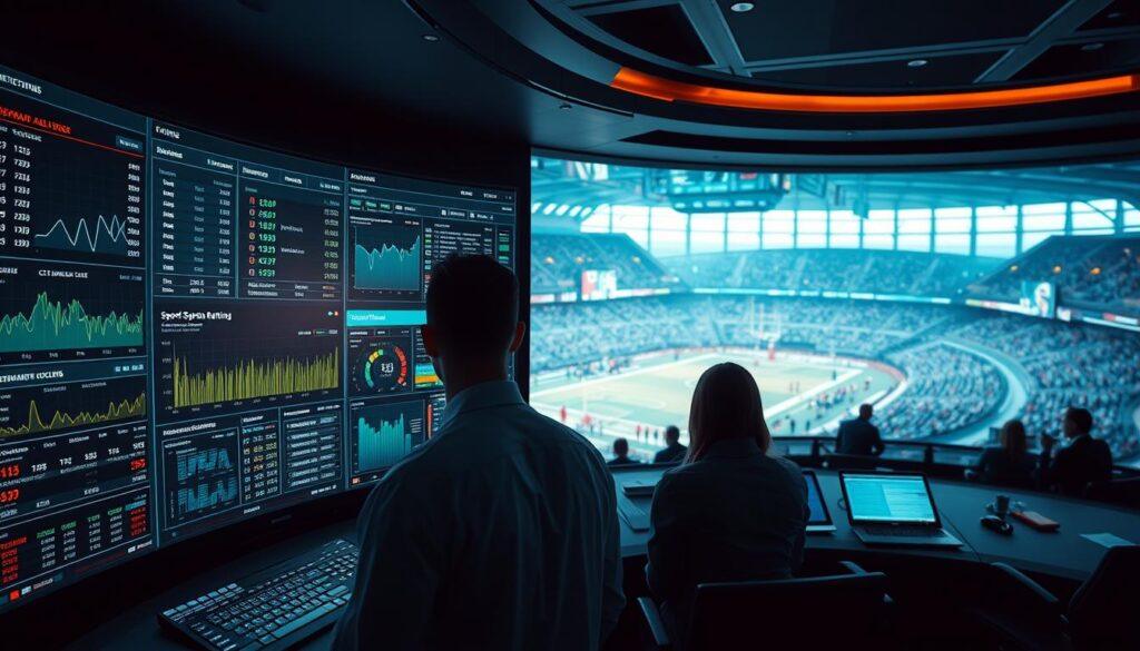A sleek, high-tech control panel displaying real-time sports betting analytics. In the foreground, a large, curved display shows live data streams, graphs, and visualizations tracking betting trends, odds changes, and microbetting activity. In the middle ground, a team of analysts intently monitor the screens, their faces illuminated by the glow of the displays. In the background, a panoramic window overlooks a bustling sports arena, creating a sense of immersion and connection to the live event. The lighting is cool and futuristic, with a touch of cinematic drama. The overall atmosphere conveys the precision, dynamism, and excitement of predictive analytics driving the future of sports betting.