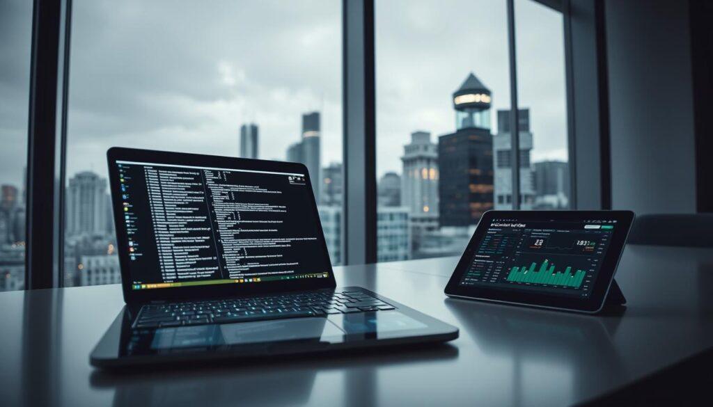 A sleek, minimalist office setting with a large window overlooking a bustling city skyline. On the desk, a laptop displays a complex algorithm, its lines of code and data visualizations conveying the power of machine learning in sports betting. Nearby, a tablet shows live sports odds and analytics, the screen's glow casting a soft light across the scene. The mood is one of focused intensity, with a sense of the intersection between technology, data, and the high-stakes world of sports wagering. The camera angle is slightly elevated, giving a sense of the gravitas and precision involved in this specialized field.