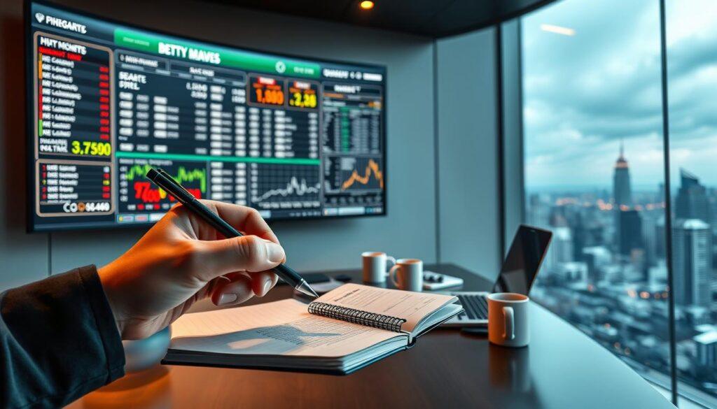 A sleek, modern office setting with a large, curved monitor displaying sports statistics and betting models. In the foreground, a hand holding a pen hovers over a notebook, jotting down insights and analysis. The middle ground features a desk with a laptop, coffee mug, and other office accessories, all bathed in warm, focused lighting. The background showcases a panoramic view of a bustling city skyline, hinting at the broader context of the sports betting industry. The overall mood is one of analytical focus, with a subtle sense of energy and dynamism reflecting the high-stakes nature of the subject matter. A sleek, modern office setting with a large, curved monitor displaying sports statistics and betting models. In the foreground, a hand holding a pen hovers over a notebook, jotting down insights and analysis. The middle ground features a desk with a laptop, coffee mug, and other office accessories, all bathed in warm, focused lighting. The background showcases a panoramic view of a bustling city skyline, hinting at the broader context of the sports betting industry. The overall mood is one of analytical focus, with a subtle sense of energy and dynamism reflecting the high-stakes nature of the subject matter.
