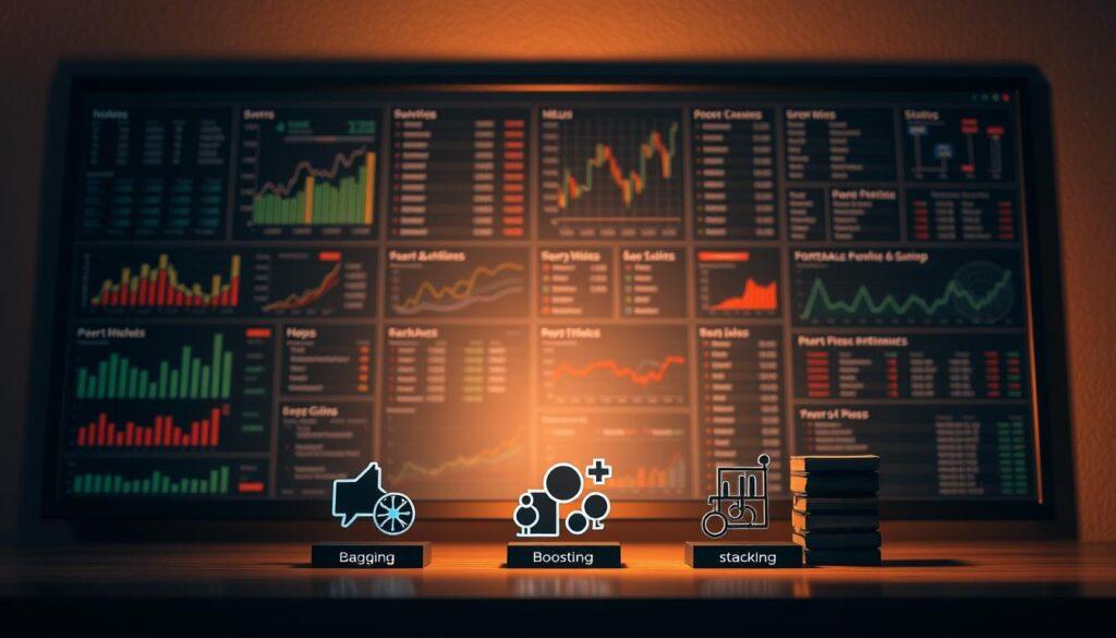A sophisticated sports betting strategy board against a muted backdrop, with various analytical charts, graphs, and performance metrics displayed. In the foreground, three distinct models - Bagging, Boosting, and Stacking - are represented by stylized icons or symbols, showcasing their unique approaches to ensemble modeling. The lighting is warm and directional, creating depth and highlighting the intricate details of the analytics. The composition is balanced, with a sense of technical proficiency and strategic deliberation. The overall mood is one of data-driven decision-making, blending the art of sports betting with the science of ensemble methods.