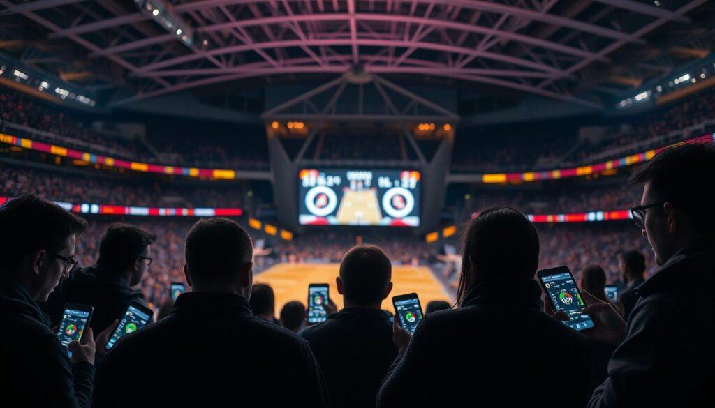 A sports stadium's interior, dimly lit with a sense of anticipation. In the foreground, a group of "smart fans" intently studying analytics dashboards on their smartphones, their faces illuminated by the glow of real-time data. In the middle ground, a large screen displays intricate visualizations of player movements, win probabilities, and predictive models. The background is filled with the blurred silhouettes of the crowd, their attention captivated by the unfolding game. The lighting is moody, with a blend of warm and cool tones, creating an atmosphere of focused intensity. The camera angle is slightly elevated, giving a sense of overview and emphasizing the analytical nature of the scene.
