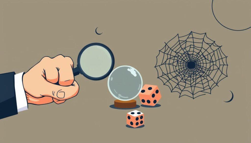 A stylized illustration depicting various types of biases that affect sports bettors. In the foreground, a punching hand representing confirmation bias, with a magnifying glass emphasizing selective perception. In the middle ground, a crystal ball representing illusion of control, alongside a dice representing the gambler's fallacy. In the background, a tangled web symbolizing cognitive biases, all set against a muted, moody color palette with dramatic lighting to convey the serious nature of these psychological influences on sports betting. A stylized illustration depicting various types of biases that affect sports bettors. In the foreground, a punching hand representing confirmation bias, with a magnifying glass emphasizing selective perception. In the middle ground, a crystal ball representing illusion of control, alongside a dice representing the gambler's fallacy. In the background, a tangled web symbolizing cognitive biases, all set against a muted, moody color palette with dramatic lighting to convey the serious nature of these psychological influences on sports betting.