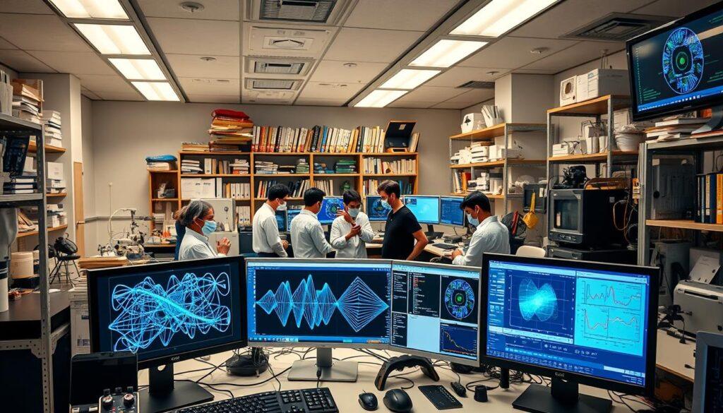 A well-lit, expansive laboratory setting with various scientific instruments and equipment. In the foreground, a state-of-the-art computer workstation displaying complex neural network visualizations and calibration parameters. In the middle ground, a team of researchers deeply engaged in model tuning, adjusting hyperparameters and monitoring performance metrics on large displays. The background features shelves of reference books, technical diagrams, and an array of high-tech measurement devices. The overall atmosphere conveys a sense of focused, collaborative exploration at the forefront of deep learning research.