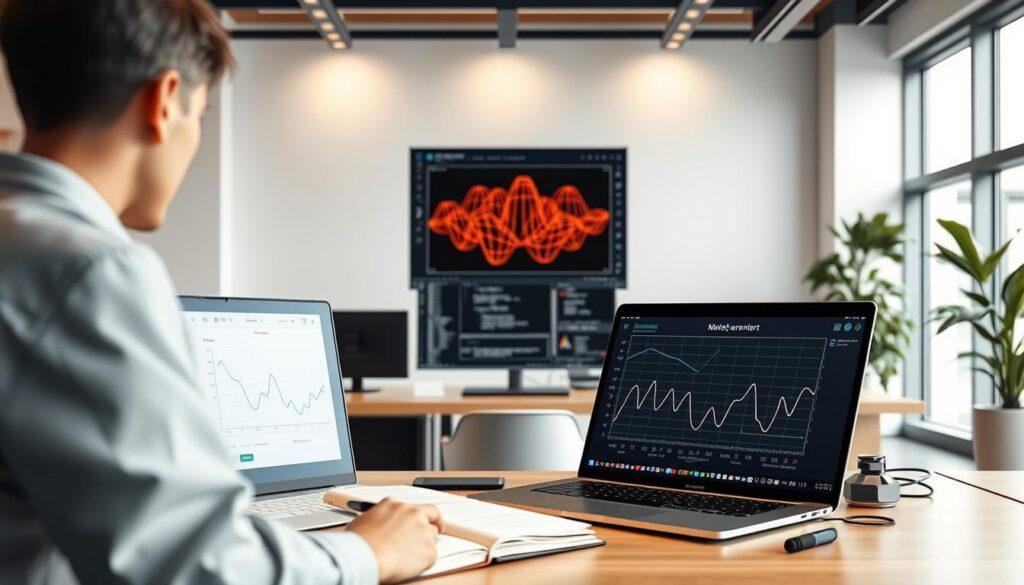 A well-lit, high-resolution 3D scene of a data scientist's workstation, showcasing the process of model calibration and tuning. In the foreground, a laptop display shows a graph with adjustable parameters and performance metrics. On the desk, an open notebook and various calibration tools. In the middle ground, a large monitor displays a machine learning model's architecture, with adjustable hyperparameters. The background features a minimalist, modern office setting with tasteful decor and abundant natural lighting, creating a focused, productive atmosphere.