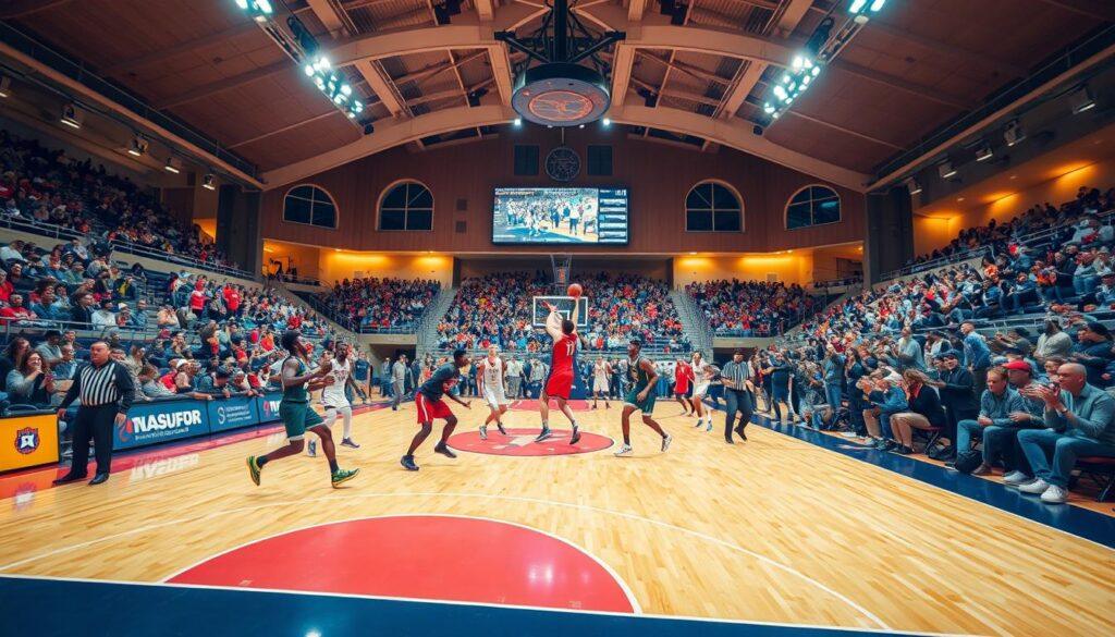 A vibrant basketball court dominates the frame, its surface gleaming under the warm overhead lighting. The court is flanked by grandstands filled with enthusiastic fans, their cheers and applause creating an electric atmosphere. In the foreground, players from two contrasting teams compete with fierce determination, their movements captured in a blur of dynamic action. The background features sweeping architectural elements that evoke the conference setting, hinting at the broader context of the match. The overall composition conveys the palpable "home-court advantage" experienced by the local team, as they feed off the energy of the partisan crowd and the familiar surroundings. A vibrant basketball court dominates the frame, its surface gleaming under the warm overhead lighting. The court is flanked by grandstands filled with enthusiastic fans, their cheers and applause creating an electric atmosphere. In the foreground, players from two contrasting teams compete with fierce determination, their movements captured in a blur of dynamic action. The background features sweeping architectural elements that evoke the conference setting, hinting at the broader context of the match. The overall composition conveys the palpable "home-court advantage" experienced by the local team, as they feed off the energy of the partisan crowd and the familiar surroundings.