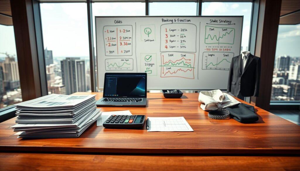 A detailed scene illustrating bankroll management for sports betting, featuring a modern office setting with a large wooden desk in the foreground. On the desk, there are neatly stacked financial reports, a laptop displaying charts, and a calculator surrounded by professional business attire – a suit and tie, and a dress shirt. In the middle ground, a large whiteboard is filled with colorful diagrams that represent odds and stake strategies. The background showcases a large window revealing a bustling city skyline, with natural light illuminating the room, creating a focused, professional atmosphere. The angle is slightly tilted down to emphasize the desk and the documents, inviting the viewer to consider strategic financial planning in a controlled environment. A detailed scene illustrating bankroll management for sports betting, featuring a modern office setting with a large wooden desk in the foreground. On the desk, there are neatly stacked financial reports, a laptop displaying charts, and a calculator surrounded by professional business attire – a suit and tie, and a dress shirt. In the middle ground, a large whiteboard is filled with colorful diagrams that represent odds and stake strategies. The background showcases a large window revealing a bustling city skyline, with natural light illuminating the room, creating a focused, professional atmosphere. The angle is slightly tilted down to emphasize the desk and the documents, inviting the viewer to consider strategic financial planning in a controlled environment.