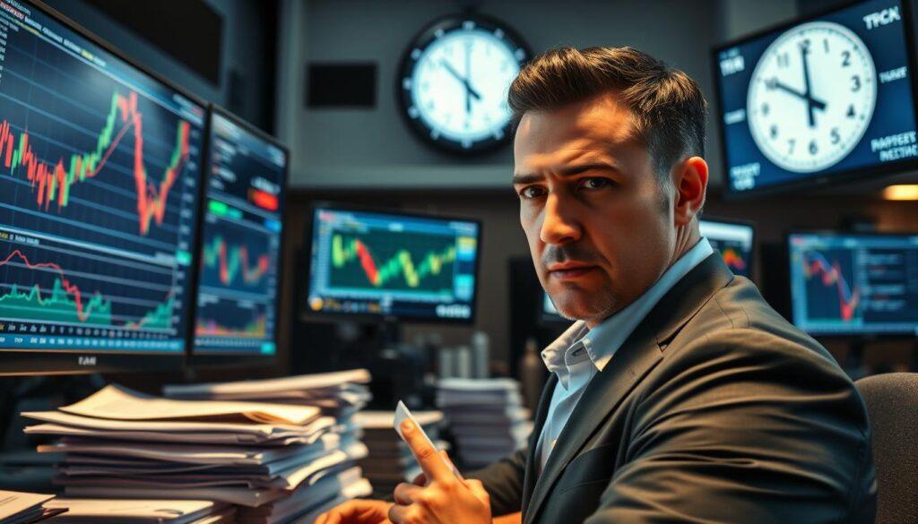 A dynamic and focused trading environment showcasing market making books, incorporating the concept of spoof moves detection. In the foreground, a professional trader, dressed in business attire, is intently analyzing data on multiple screens displaying fluctuating market graphs and price charts. The middle ground features stacks of financial reports and notes, symbolizing the complexity of market strategies. In the background, a large digital clock counts down, creating a sense of urgency. The lighting is bright yet slightly dimmed to emphasize the screens, casting a soft glow on the trader's determined expression. The atmosphere is tense and analytical, reflecting the critical nature of timing and market reading in identifying spoof moves and avoiding stale lines.
