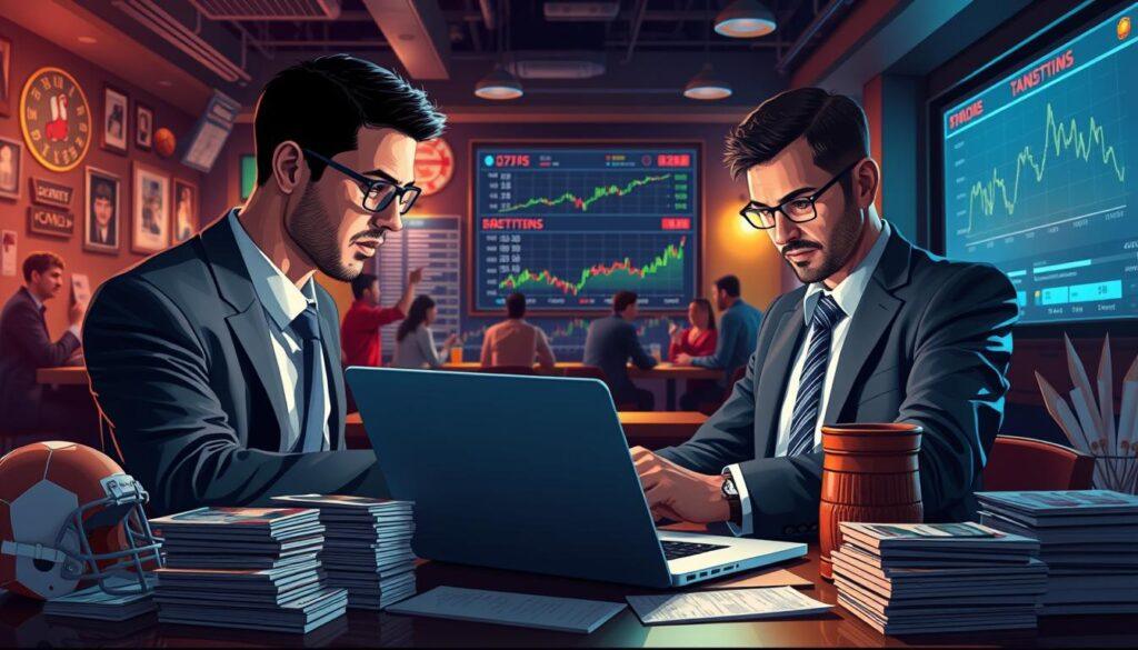 A dynamic digital illustration showcasing a sports betting timing strategy playbook. In the foreground, a professional-looking individual in business attire analyzes a graph on a laptop, surrounded by colorful betting slip stacks and sports memorabilia representing various sports like football, basketball, and horse racing. The middle ground features a digital display with fluctuating odds and charts, conveying real-time market reading. In the background, a well-lit sports bar scene with patrons engaged in discussions enhances the atmosphere of excitement and anticipation. Soft, ambient lighting creates a focused yet energetic mood, emphasizing the importance of timing in betting strategies. The composition captures the essence of sports betting analysis without any text or distractions.