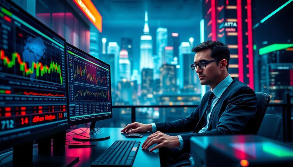 A modern digital environment depicting latency in real-time betting data feeds. In the foreground, a sleek computer workstation with multiple monitors displaying fluctuating graphs, charts, and real-time betting odds. The middle ground features a focused professional in business attire, analyzing the data with a look of determination. Behind them, a stylized cityscape illuminated by neon lights, symbolizing the fast-paced nature of the betting world. The image is captured with a shallow depth of field, placing emphasis on the workstation and the professional. The lighting is vibrant and dynamic, creating a sense of urgency and high-stakes energy. The atmosphere conveys a blend of technology and excitement, reflecting the challenges of feed reliability and latency in in-game betting systems.