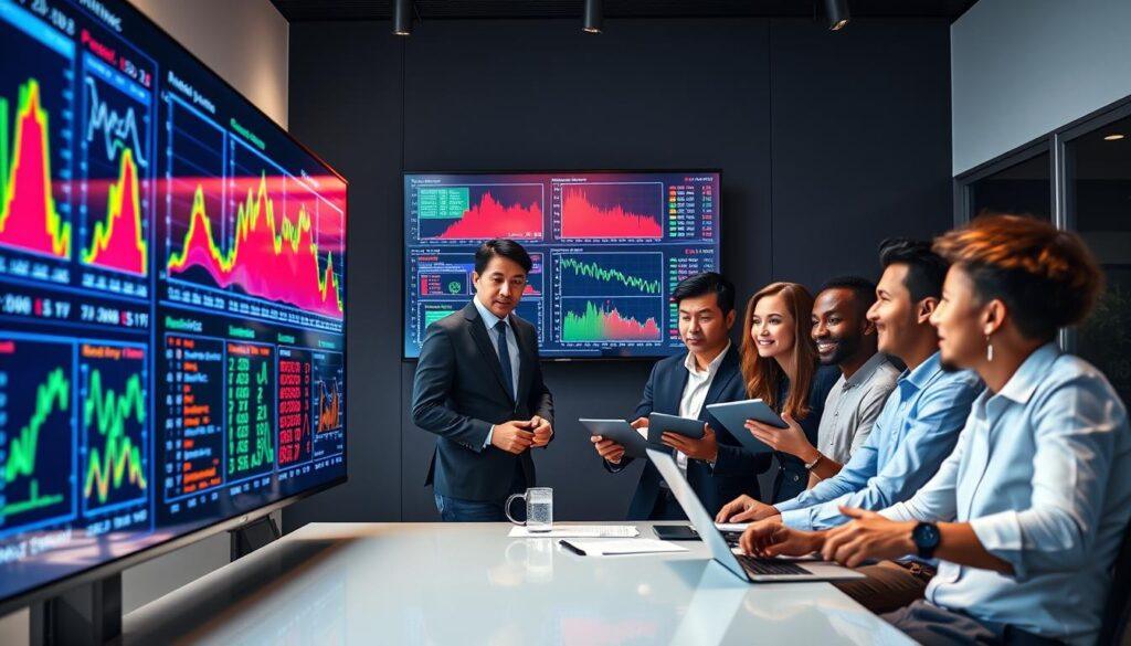 A sleek, modern office environment serves as the background for this statistical distribution scene. In the foreground, a large digital screen displays colorful graphs and charts showing various statistical distributions, including Poisson and normal distributions, intricately labeled with vibrant colors. In the middle ground, a diverse group of four professionals in business attire is gathered around a conference table, deeply engaged in discussion, analyzing the data on the screen. They use a mix of gestures and technical equipment such as laptops and tablets. Soft, focused lighting highlights the faces of the individuals, creating a collaborative atmosphere. The angle is slightly elevated, giving a comprehensive view of both the screen and the engaged professionals. The overall mood is one of concentration and excitement about uncovering insights in sports betting data. A sleek, modern office environment serves as the background for this statistical distribution scene. In the foreground, a large digital screen displays colorful graphs and charts showing various statistical distributions, including Poisson and normal distributions, intricately labeled with vibrant colors. In the middle ground, a diverse group of four professionals in business attire is gathered around a conference table, deeply engaged in discussion, analyzing the data on the screen. They use a mix of gestures and technical equipment such as laptops and tablets. Soft, focused lighting highlights the faces of the individuals, creating a collaborative atmosphere. The angle is slightly elevated, giving a comprehensive view of both the screen and the engaged professionals. The overall mood is one of concentration and excitement about uncovering insights in sports betting data.