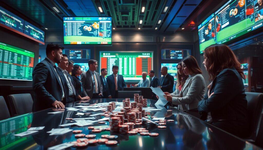 A visually compelling illustration of "sports betting psychology," featuring an indoor sports betting environment. In the foreground, a diverse group of individuals in professional business attire is gathered around a digital screen displaying statistics and odds, illustrating their intense concentration. The middle ground is filled with betting slips and chips scattered on a sleek, modern table, emphasizing the theme of decision-making. The background shows large monitors with live sports feeds, bathed in dynamic lighting that creates an energetic atmosphere, capturing the thrill of betting. The setting is a high-tech betting lounge, with a color palette of dark blues and bright greens, evoking a mood of seriousness and focus on cognitive biases in sports betting. Utilize a wide-angle lens to enhance depth and perspective. A visually compelling illustration of "sports betting psychology," featuring an indoor sports betting environment. In the foreground, a diverse group of individuals in professional business attire is gathered around a digital screen displaying statistics and odds, illustrating their intense concentration. The middle ground is filled with betting slips and chips scattered on a sleek, modern table, emphasizing the theme of decision-making. The background shows large monitors with live sports feeds, bathed in dynamic lighting that creates an energetic atmosphere, capturing the thrill of betting. The setting is a high-tech betting lounge, with a color palette of dark blues and bright greens, evoking a mood of seriousness and focus on cognitive biases in sports betting. Utilize a wide-angle lens to enhance depth and perspective.