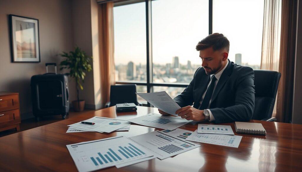 A serene office environment with a polished wooden desk in the foreground, where a professional individual in smart business attire is thoughtfully reviewing a detailed betting plan on paper. The scattered charts and budgeting sheets indicate a responsible approach to betting. In the middle ground, a large window allows soft, natural light to flood into the room, highlighting a suitcase and notepad, suggesting travel and organization. The background features a calming view of a cityscape, symbolizing opportunity and success. A sense of focus and determination is palpable in the atmosphere, complemented by warm tones and subtle shadows that evoke a feeling of sustainability and strategic thinking. The angle is slightly elevated to capture the entire scene, emphasizing clarity and professionalism. A serene office environment with a polished wooden desk in the foreground, where a professional individual in smart business attire is thoughtfully reviewing a detailed betting plan on paper. The scattered charts and budgeting sheets indicate a responsible approach to betting. In the middle ground, a large window allows soft, natural light to flood into the room, highlighting a suitcase and notepad, suggesting travel and organization. The background features a calming view of a cityscape, symbolizing opportunity and success. A sense of focus and determination is palpable in the atmosphere, complemented by warm tones and subtle shadows that evoke a feeling of sustainability and strategic thinking. The angle is slightly elevated to capture the entire scene, emphasizing clarity and professionalism.
