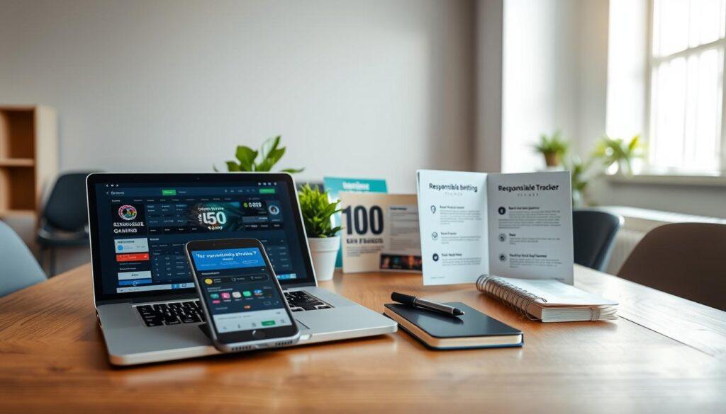 A visually engaging depiction of diverse responsible betting tools on a neatly arranged wooden table in a well-lit office space. In the foreground, focus on a sleek laptop displaying a betting app interface, flanked by a smartphone showing a responsible gaming tracker and a small notebook with a list of tips. The middle ground features a couple of colorful brochures about safe betting practices and a potted plant, adding a touch of greenery. In the background, soft natural light streams through a window, creating a warm, inviting atmosphere. The overall mood should convey a sense of empowerment and control, illustrating the resources available for responsible betting in an organized and professional setting. A visually engaging depiction of diverse responsible betting tools on a neatly arranged wooden table in a well-lit office space. In the foreground, focus on a sleek laptop displaying a betting app interface, flanked by a smartphone showing a responsible gaming tracker and a small notebook with a list of tips. The middle ground features a couple of colorful brochures about safe betting practices and a potted plant, adding a touch of greenery. In the background, soft natural light streams through a window, creating a warm, inviting atmosphere. The overall mood should convey a sense of empowerment and control, illustrating the resources available for responsible betting in an organized and professional setting.