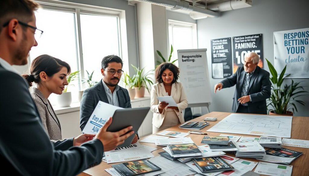 A diverse group of professionals passionately discussing advocacy efforts in a bright, modern office setting. In the foreground, a middle-aged woman in business attire passionately presents data on a laptop, surrounded by a multicultural team of three individuals: a young man taking notes, a woman examining printed materials, and an older gentleman pointing towards a whiteboard filled with diagrams. The middle ground features a large meeting table cluttered with brochures and research papers on responsible betting. The background shows large windows with daylight flooding in, plants for a refreshing touch, and inspirational posters promoting advocacy. The atmosphere is collaborative and focused, emphasizing teamwork and a commitment to social responsibility, captured with soft lighting and a slightly angled perspective to enhance engagement. A diverse group of professionals passionately discussing advocacy efforts in a bright, modern office setting. In the foreground, a middle-aged woman in business attire passionately presents data on a laptop, surrounded by a multicultural team of three individuals: a young man taking notes, a woman examining printed materials, and an older gentleman pointing towards a whiteboard filled with diagrams. The middle ground features a large meeting table cluttered with brochures and research papers on responsible betting. The background shows large windows with daylight flooding in, plants for a refreshing touch, and inspirational posters promoting advocacy. The atmosphere is collaborative and focused, emphasizing teamwork and a commitment to social responsibility, captured with soft lighting and a slightly angled perspective to enhance engagement.