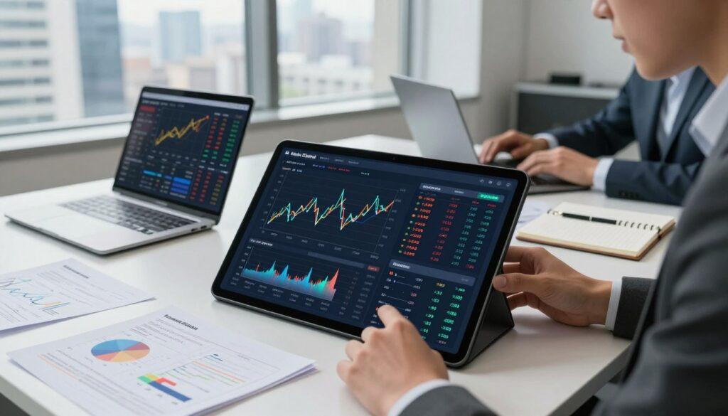 A modern, dynamic workspace featuring a sleek, digital dashboard displaying various market signal tools and data analytics. In the foreground, a close-up of a hands-on an interactive touchscreen, showcasing line graphs, real-time betting odds, and statistical charts. The middle ground includes a well-organized desk with financial reports, a laptop open to a colorful interface, and a notepad with scribbled notes. The background depicts a large window overlooking a bustling city skyline, allowing natural light to illuminate the scene, enhancing the focus on the tools. A professional, motivated individual in business attire is analyzing the data intently, creating an atmosphere of focus and determination. High-quality lighting emphasizes clarity and innovation in the workspace, captured from a slightly elevated angle to provide depth and perspective. A modern, dynamic workspace featuring a sleek, digital dashboard displaying various market signal tools and data analytics. In the foreground, a close-up of a hands-on an interactive touchscreen, showcasing line graphs, real-time betting odds, and statistical charts. The middle ground includes a well-organized desk with financial reports, a laptop open to a colorful interface, and a notepad with scribbled notes. The background depicts a large window overlooking a bustling city skyline, allowing natural light to illuminate the scene, enhancing the focus on the tools. A professional, motivated individual in business attire is analyzing the data intently, creating an atmosphere of focus and determination. High-quality lighting emphasizes clarity and innovation in the workspace, captured from a slightly elevated angle to provide depth and perspective.