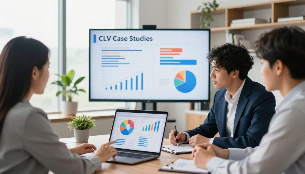 A modern office setting that highlights real-world Customer Lifetime Value (CLV) case studies, with professionals engaged in discussion. In the foreground, a diverse group of three business professionals, dressed in smart business attire, analyze colorful charts and graphs on a laptop. In the middle ground, a large screen displays a detailed presentation titled "CLV Case Studies," showcasing various successful examples with infographics. The background features a bright, well-lit office with large windows, natural light pouring in, plants for a warm atmosphere, and shelves filled with business books. The image should have a focus depth that emphasizes the professionals and their analysis, evoking a sense of collaboration and innovation in business strategy. A modern office setting that highlights real-world Customer Lifetime Value (CLV) case studies, with professionals engaged in discussion. In the foreground, a diverse group of three business professionals, dressed in smart business attire, analyze colorful charts and graphs on a laptop. In the middle ground, a large screen displays a detailed presentation titled "CLV Case Studies," showcasing various successful examples with infographics. The background features a bright, well-lit office with large windows, natural light pouring in, plants for a warm atmosphere, and shelves filled with business books. The image should have a focus depth that emphasizes the professionals and their analysis, evoking a sense of collaboration and innovation in business strategy.