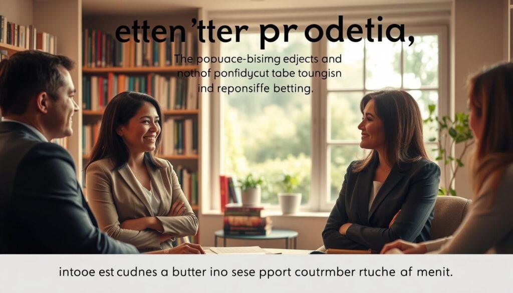 A serene, supportive environment illustrating the concept of "better protection" in responsible betting. In the foreground, a diverse group of three individuals, dressed in professional business attire, engaged in a heartfelt discussion. Their expressions convey empathy and understanding. In the middle ground, a cozy library setting filled with books on advocacy and responsible betting. Soft, warm lighting creates an inviting atmosphere, highlighting the individuals' connection. In the background, a window reveals a tranquil garden view, symbolizing hope and growth. The overall mood is uplifting and encouraging, emphasizing community and support in the journey toward responsible betting. The scene is captured using a soft-focus lens, emphasizing warmth and human connection. A serene, supportive environment illustrating the concept of "better protection" in responsible betting. In the foreground, a diverse group of three individuals, dressed in professional business attire, engaged in a heartfelt discussion. Their expressions convey empathy and understanding. In the middle ground, a cozy library setting filled with books on advocacy and responsible betting. Soft, warm lighting creates an inviting atmosphere, highlighting the individuals' connection. In the background, a window reveals a tranquil garden view, symbolizing hope and growth. The overall mood is uplifting and encouraging, emphasizing community and support in the journey toward responsible betting. The scene is captured using a soft-focus lens, emphasizing warmth and human connection.