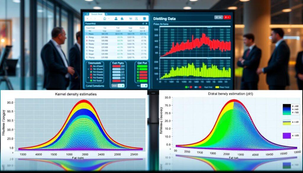 A detailed analysis of distribution diagnostics showcasing betting data, featuring kernel density estimates and QQ plots. In the foreground, visually striking plots with colorful curves demonstrating data distribution and fat tails, accented with gridlines for clarity. The middle ground includes a stylized representation of a statistical software interface displaying user-friendly toggles and options, all set against a sleek, modern office environment with a large digital screen showcasing the graphics. The background reveals a blurred image of professionals in business attire engaged in deep discussion, conveying an atmosphere of focus and analytical exploration. Soft, warm lighting adds a professional and inviting glow, emphasizing the importance of statistical analysis in betting data. A detailed analysis of distribution diagnostics showcasing betting data, featuring kernel density estimates and QQ plots. In the foreground, visually striking plots with colorful curves demonstrating data distribution and fat tails, accented with gridlines for clarity. The middle ground includes a stylized representation of a statistical software interface displaying user-friendly toggles and options, all set against a sleek, modern office environment with a large digital screen showcasing the graphics. The background reveals a blurred image of professionals in business attire engaged in deep discussion, conveying an atmosphere of focus and analytical exploration. Soft, warm lighting adds a professional and inviting glow, emphasizing the importance of statistical analysis in betting data.