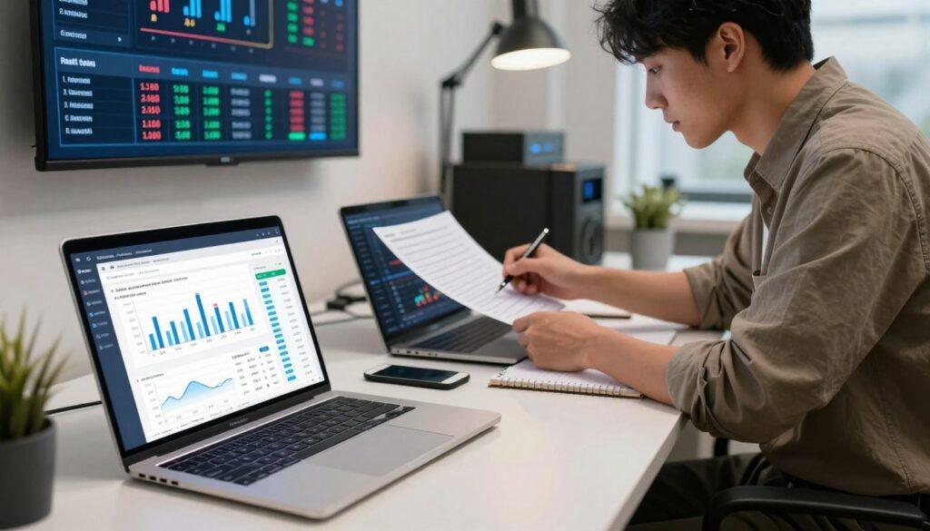 A detailed and professional workspace showcasing the automation of bet data import for enhanced ROI analysis. In the foreground, a sleek laptop displays a user-friendly interface with graphs and charts related to betting data, surrounded by digital notepads. In the middle ground, a business professional in smart casual attire sits at the desk, focused on reconciling data and adding tags to the imported information. The background features a wall-mounted screen displaying real-time sports analytics and historical betting trends. The lighting is bright and focused, casting soft shadows, creating an atmosphere of productivity and precision. A modern workspace filled with tech gadgets and documentation enhances the innovative mood, emphasizing the integration of technology in betting analysis.