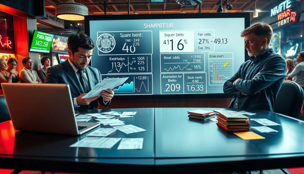 A detailed betting analysis scene contrasting sharp and square bettors. In the foreground, a sleek, modern desk with a sleek laptop displaying graphs and statistics, surrounded by color-coded betting slips. On one side, a confident sharp bettor in professional business attire analyzes data, appearing focused and strategic. In contrast, a more casual square bettor, dressed in modest clothing, looks overwhelmed by the information. The middle ground features a large, dynamic digital whiteboard with visualized fair odds calculations and break-even thresholds, illuminated by soft, cool lighting. The background displays a vibrant sports bar atmosphere, with fans cheering, enhancing the mood of competitive analysis. The overall atmosphere should be a blend of seriousness and casual excitement, highlighting the differing betting strategies.