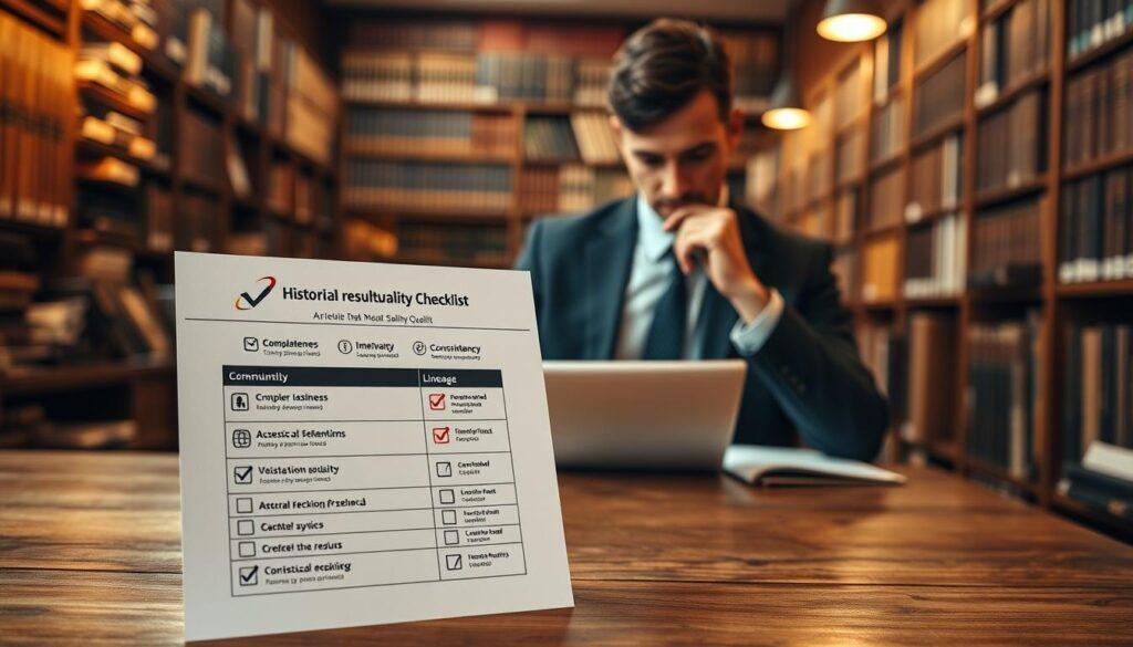 A detailed, visually engaging historical results quality checklist displayed on a wooden table. In the foreground, the checklist features clearly delineated sections for completeness, timeliness, accuracy, consistency, and lineage, presented in an organized format with visually appealing icons next to each section. In the middle ground, a sophisticated business professional in smart attire thoughtfully reviews the checklist, reflecting a sense of diligence and focus. The background is softly blurred, showcasing a library filled with books and statistical archives, with warm ambient lighting creating a scholarly atmosphere. The composition conveys a mood of meticulous research and reliability, emphasizing the importance of data accuracy. The image captures the essence of preparation and thoroughness in the betting data analysis process.