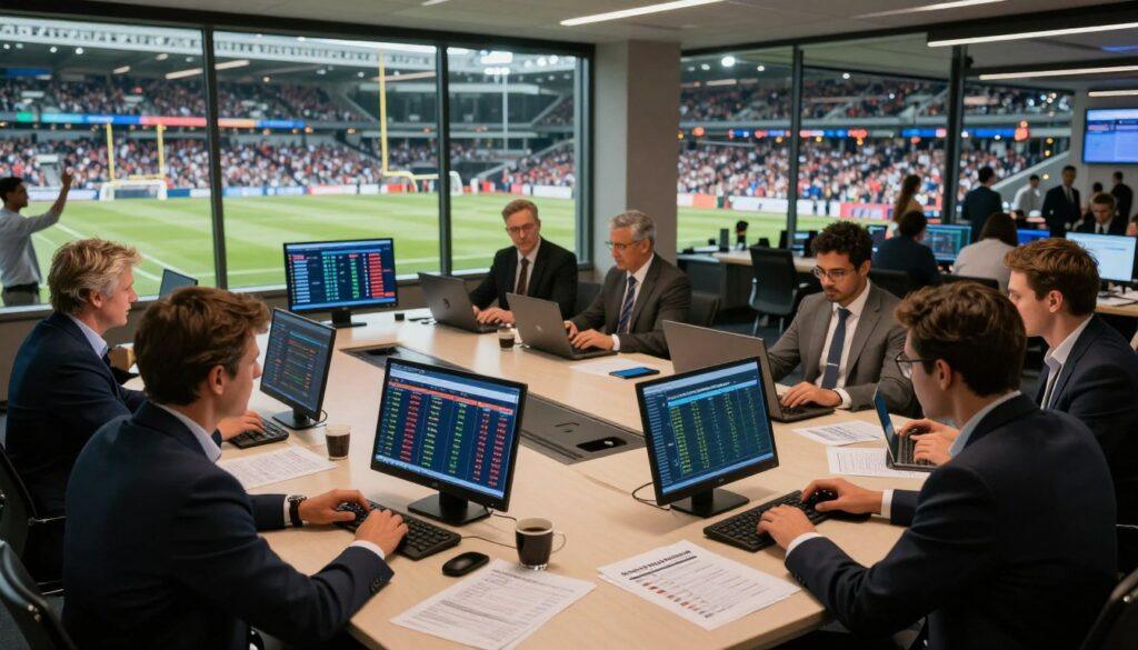 A dynamic scene illustrating "lay bets and market making strategies" within a modern sporting environment. In the foreground, a diverse group of professionals in business attire engages with digital devices, analyzing statistics and odds on high-tech screens. In the middle ground, a large, stylish conference table is surrounded by papers and charts detailing betting strategies. In the background, large windows offer a panoramic view of a bustling stadium, filled with cheering fans. Warm, ambient lighting creates a focused yet energetic atmosphere, with reflections of screens glowing. The perspective is slightly elevated, giving a clear view of the active discussion while capturing the excitement of sports wagering. The mood is collaborative and strategic, emphasizing the intricacies of betting in the sports industry. A dynamic scene illustrating "lay bets and market making strategies" within a modern sporting environment. In the foreground, a diverse group of professionals in business attire engages with digital devices, analyzing statistics and odds on high-tech screens. In the middle ground, a large, stylish conference table is surrounded by papers and charts detailing betting strategies. In the background, large windows offer a panoramic view of a bustling stadium, filled with cheering fans. Warm, ambient lighting creates a focused yet energetic atmosphere, with reflections of screens glowing. The perspective is slightly elevated, giving a clear view of the active discussion while capturing the excitement of sports wagering. The mood is collaborative and strategic, emphasizing the intricacies of betting in the sports industry.