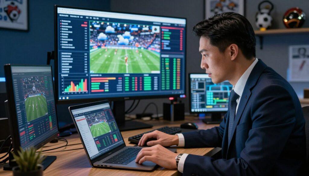 A dynamic sports news analysis scene focusing on the concept of risks. In the foreground, a professional analyst in a smart business suit is intensely reviewing digital reports on a laptop, surrounded by colorful sports graphs and statistics. In the middle, a large screen displays complex data visualizations related to player injuries, weather patterns, and performance metrics, reflecting the unpredictable nature of sports. The background features an office adorned with sports memorabilia, dimly lit for a serious atmosphere. The lighting highlights the analyst’s focused expression, while the overall mood conveys urgency and the weight of decision-making in sports journalism. The camera angle is slightly elevated, providing a comprehensive view of the analyst's workspace, emphasizing the blend of technology, analysis, and the inherent risks in sports.